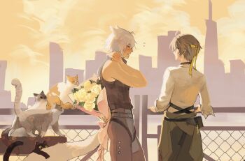 Rule 34 | 2boys, 4others, animal ear fluff, animal ears, asaba harumasa, back, bare shoulders, belt, black cat, black hair, black pants, black shirt, blue eyes, blush, bouquet, building, cat, choker, clothes around waist, cloud, cloudy sky, commentary, english commentary, fence, flower, from behind, from side, grey cat, grey pants, hair between eyes, hand on own neck, headband, hhhye tw, highres, holding, holding behind back, holding bouquet, leaf, looking at viewer, looking down, multiple boys, multiple cats, multiple others, orange cat, pants, seth lowell, shirt, short hair, sky, sleeveless, sleeveless shirt, sleeves rolled up, tail, white cat, white flower, white hair, white shirt, yaoi, yellow eyes, yellow headband, yellow sky, zenless zone zero