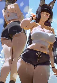 1girl ai-assisted alternate_costume animal_ear_fluff animal_ears black_hair black_shorts blue_sky blunt_bangs breasts camisole cloud collarbone commentary day dolphin_shorts fox_ears fox_girl from_behind highres hoshimi_miyabi large_breasts long_hair looking_at_viewer midriff multiple_views navel parted_lips patreon_logo patreon_username red_eyes shexyo shorts sky standing sweat thighs white_camisole zenless_zone_zero