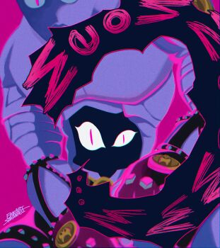 ... 2others absurdres artist_name black_gloves colored_speech_bubble commentary_request diamond_wa_kudakenai film_grain gloves highres jojo_no_kimyou_na_bouken killer_queen looking_at_viewer multiple_others pink_background pink_pupils sakanagi_(a_r_co) signature slit_pupils speech_bubble stand_(jojo) stray_cat_(jojo)