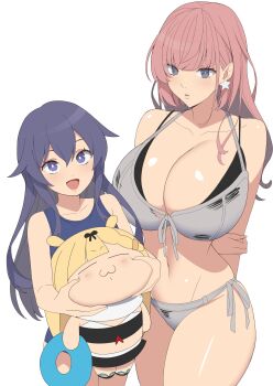 3girls :3 absurdres akatsuki_(kancolle) arms_behind_back atlanta_(kancolle) atlanta_(swimsuit)_(kancolle) bikini black_bikini black_hair blonde_hair blue_one-piece_swimsuit breasts chibi cleavage commentary_request earrings front-tie_bikini_top front-tie_top grey_bikini grey_eyes hair_flaps hair_ornament hairclip highres holding_chibi huge_breasts innertube jewelry kantai_collection kloah layered_bikini long_hair multiple_girls one-piece_swimsuit open_mouth purple_eyes red_hair side-tie_bikini_bottom smile star_(symbol) star_earrings swim_ring swimsuit v-shaped_eyebrows yuudachi_(kancolle) yuudachi_kai_ni_(swimsuit)_(kancolle)