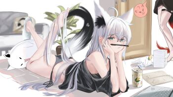 2girls ahoge animal_ear_fluff animal_ears aqua_eyes ass bare_legs bare_shoulders barefoot between_toes black_shirt book can commentary_request computer drink_can feet feet_out_of_frame fox_ears fox_girl fox_tail fur-trimmed_slippers furrowed_brow hair_between_eyes hands_on_own_cheeks hands_on_own_face highres hololive kurokami_fubuki laptop long_hair looking_at_viewer lying multiple_girls nail_polish off_shoulder on_floor on_stomach panties pen pencil_as_mustache scar scar_on_face semi-rimless_eyewear shirakami_fubuki shirt side-tie_panties single_slipper slippers soles spoken_expression squeans sukonbu_(shirakami_fubuki) tail tanishi_(hetianming11093) the_pose thigh_strap toenail_polish toenails toes underwear very_long_hair virtual_youtuber white_hair