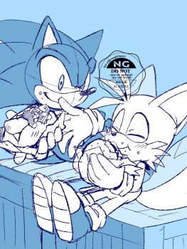 2boys animal_ears aogirinaru blush burger child chili_dog eating food fox fox_boy fox_ears fox_tail gloves hedgehog highres male_focus multiple_boys multiple_tails sega shoes sitting smile socks sonic_(series) sonic_the_hedgehog spiked_hair tail tails_(sonic) two_tails watermark