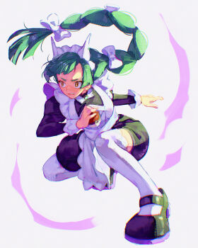Rule 34 | 1girl, absurdres, alien ashi, apron, black romper, blunt bangs, bow, bowtie, braid, braided ponytail, breasts, brown eyes, clenched teeth, commentary, green hair, highres, holding, holding poke ball, juliet sleeves, lebanne (pokemon), long braid, long hair, long sleeves, maid, maid apron, maid headdress, mega stone, nintendo, parted lips, poke ball, poke ball (basic), pokemon, pokemon legends: z-a, puffy sleeves, romper, shoes, solo, teeth, thighhighs, tsurime, untranslatable commentary, white bow, white bowtie, white thighhighs