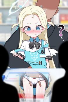 1boy 1girl ? absurdres apron blonde_hair blue_apron blue_archive blue_eyes blush bow bow_panties commentary_request fingering halo hetero highres id_card large_variant_set loli long_hair panties sora_(blue_archive) two_side_up underwear variant_set white_panties zing_(z_z_zing)