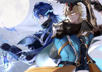 aice_alice_ice black_gloves blonde_hair blue_eyes fingerless_gloves flins_(genshin_impact) full_moon genshin_impact gloves highres holding holding_lantern holding_sword holding_weapon lantern looking_at_viewer looking_to_the_side moon smile sword teeth varka_(genshin_impact) weapon yellow_eyes