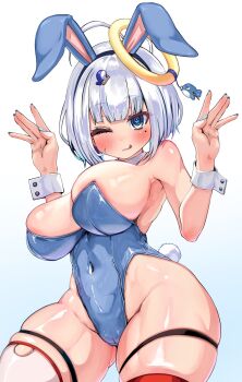 1girl :p ;) alternate_costume animal_ears antenna_hair armpits blue_eyes blue_leotard blue_nails breasts cameltoe covered_navel fake_animal_ears fake_tail hair_ornament halo halo_ornament highres hip_bones indie_virtual_youtuber kajimakoto large_breasts leotard looking_at_viewer mole mole_under_eye one_eye_closed playboy_bunny rabbit_ears rabbit_pose rabbit_tail ryuzen_nikomi smile solo strapless strapless_leotard symbol-shaped_pupils tail thick_thighs thigh_strap thighhighs thighs tongue tongue_out virtual_youtuber whale_hair_ornament white_hair white_thighhighs wrist_cuffs