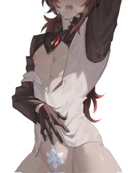 1boy arm_up black_gloves bottomless collared_shirt diluc_(genshin_impact) genshin_impact gloves hashtag-only_commentary head_out_of_frame highres hip_bones long_hair long_sleeves male_focus midriff_tattoo navel nipples open_clothes open_mouth open_shirt red_hair shirt simple_background solo sweat tattoo teeth tongue tongue_out white_background zehuij