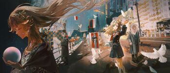 2girls ainimo5 bird black_dress blonde_hair blue_eyes dress full_body hairband highres long_hair looking_to_the_side multiple_girls pigeon reverse:1999 smile socks standing white_socks