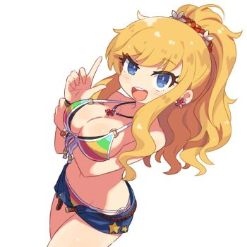 Rule 34 | 1girl, arm under breasts, belt, bikini, blonde hair, blue eyes, blue shorts, blush, breasts, cleavage, earrings, flower earrings, highres, idolmaster, idolmaster cinderella girls, jewelry, large breasts, long hair, looking at viewer, necklace, ohtsuki yui, open mouth, ponytail, short shorts, shorts, sidelocks, simple background, solo, swimsuit, taru haru, teeth, upper teeth only, white background