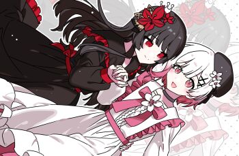 2girls alternate_costume beret black_choker black_dress black_hair black_hat cherry_blossoms choker closed_mouth collared_dress commentary_request commission dress dutch_angle flower frilled_dress frills gradient_hair habsida_(habsida_hpy) hair_flower hair_ornament hat highres holding_hands korean_commentary long_hair long_sleeves looking_at_another mahou_shoujo_no_majo_saiban multicolored_hair multiple_girls neck_ribbon nikaido_hiro open_mouth pink_eyes pink_hair red_eyes red_flower ribbon sakuraba_ema second-party_source short_hair smile standing white_background white_dress white_flower white_hair x_hair_ornament zoom_layer
