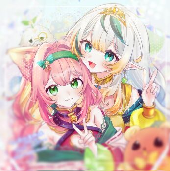 Rule 34 | 2girls, animal ears, aqua eyes, bare shoulders, bell, blonde hair, blurry edges, colored inner hair, colored tips, commentary request, commission, earrings, gold collar, gold tiara, green eyes, highres, indie virtual youtuber, jewelry, long hair, looking at viewer, mr ayarabbit, multicolored hair, multiple girls, neck bell, nekomori touka (vtuber), open mouth, pink hair, pointy ears, skeb commission, smile, upper body, urushimori hasu (vtuber), v, virtual youtuber, white hair