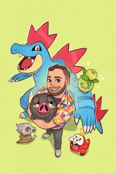 1boy beard black_pants brown_eyes brown_hair claws colored_skin facial_hair fangs feraligatr fuecoco gen_1_pokemon gen_2_pokemon green_background green_skin highres lechonk looking_at_viewer marowak multicolored_shirt nintendo open_mouth pants pokemon pokemon_(creature) red_skin short_hair short_sleeves simple_background smoliv squeegool