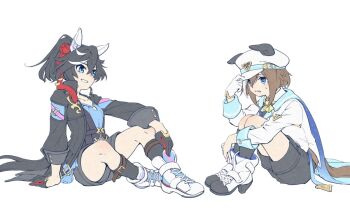 2girls animal_ears arm_support belt black_coat black_gloves black_hair black_shorts black_socks black_vest blue_eyes blue_shirt boots breasts brown_hair cape cheval_grand_(grand_itineraire)_(umamusume) cheval_grand_(umamusume) coat collared_shirt crossed_bangs ears_down gloves grin hair_between_eyes hair_ornament half_gloves hand_on_headwear hat high_collar high_heel_boots high_heels horse_ears horse_girl horse_tail jacket katsuragi_ace_(dragon_rising_to_the_top)_(umamusume) katsuragi_ace_(umamusume) long_sleeves multicolored_hair multiple_girls nogi_(jczu7445) open_clothes open_coat ponytail shirt shoes short_shorts shorts single_glove sitting small_breasts smile sneakers socks streaked_hair sweatdrop tail umamusume vest white_footwear white_gloves white_headwear white_jacket