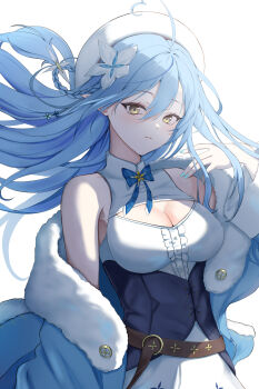 Rule 34 | 1girl, ahoge, bare shoulders, breasts, cleavage, commentary, cowboy shot, dress, elf, hat, heart, heart ahoge, highres, hololive, huahua tu, jacket, large breasts, long hair, off shoulder, open clothes, open jacket, pointy ears, solo, untranslatable commentary, virtual youtuber, white background, white dress, white hat, yellow eyes, yukihana lamy, yukihana lamy (1st costume)