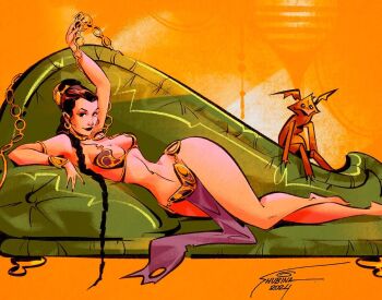 Rule 34 | 1girl, alien, arm up, armlet, artist name, barefoot, braid, breasts, brown hair, chain, collar, curvy, dated, huttslayer leia, jewelry, leash, long hair, looking at viewer, lying, medium breasts, metal bikini, navel, on side, orange background, pelvic curtain, princess leia, salacious crumb, shiny skin, single braid, smile, solo, star wars, star wars: return of the jedi, sveta shubina, wide hips, x x