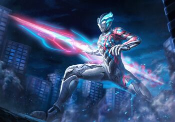 1boy alien arm_up asymmetrical_horns blue_eyes blue_horns character_name city cityscape color_timer contrapposto crystal finishing_move glowing glowing_eyes highres holding holding_polearm holding_weapon horns night night_sky orb polearm robuja sky solo spread_legs tokusatsu tsuburaya_productions ultra_series ultraman_blazar ultraman_blazar_(series) weapon