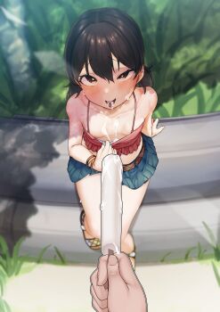 1boy 1girl absurdres areola_slip arm_behind_back arm_support bare_shoulders belt blue_skirt blush bracelet breasts brown_belt brown_eyes brown_hair camisole copyright_request doraemon downblouse food food_on_body full_body grass hair_between_eyes hetero highres jewelry loli looking_at_viewer male_hand minamoto_shizuka miniskirt no_bra open_mouth outdoors pink_camisole pleated_skirt popsicle pov pov_hands r-man sandals sexually_suggestive short_twintails sitting skirt small_breasts solo_focus suggestive_fluid tongue tongue_out twintails