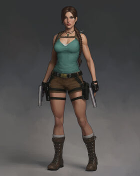 1girl absurdres boots braid braided_ponytail breasts brown_boots brown_eyes brown_hair brown_shorts dalejomej dual_wielding full_body gradient_background green_tank_top grey_background gun handgun highres holding holding_gun holding_weapon jewelry lara_croft long_hair looking_at_viewer medium_breasts necklace short_shorts shorts solo tank_top tomb_raider weapon