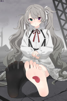 1girl 25-ji_miku 25-ji_nightcord_de._(project_sekai) absurdres barefoot black_thighhighs blush disembodied_tongue feet green_eyes grey_hair hatsune_miku heterochromia highres licking_foot long_hair looking_at_viewer mo_moon parted_lips purple_eyes see-through_clothes see-through_legwear soles thighhighs toes twintails