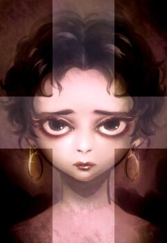 Rule 34 | 1girl, betty boop, betty boop (series), black eyeliner, black hair, closed mouth, cross, curly hair, earrings, eyelashes, eyeliner, glint, highres, hoop earrings, jewelry, looking at viewer, makeup, nostrils, portrait, realistic, rei (islaya), short hair, solo, straight-on