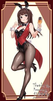 1girl absurdres akishino_yuzuki animal_ears black_bow black_bowtie bow bowtie brown_hair commentary_request commission cup da-negi detached_collar fishnet_pantyhose fishnets full_body high_heels highres indie_virtual_youtuber leotard long_hair multi-source_commentary pantyhose playboy_bunny rabbit_ears rabbit_tail skeb_commission solo tail tailcoat wrist_cuffs