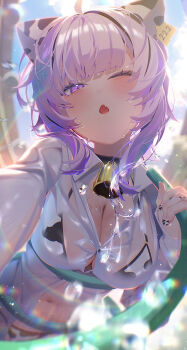 1girl absurdres ahoge animal_ears animal_print bell bikini bikini_under_clothes black_collar blunt_bangs blurry blurry_background breasts button_gap cat_ears cat_girl cat_tail collar commentary_request cow_print cow_print_bikini ear_covers ear_tag fang highres holding holding_hose hololive hose large_breasts long_sleeves looking_at_viewer navel neck_bell nekomata_okayu one_eye_closed open_mouth partially_unbuttoned print_bikini purple_eyes purple_hair shirt short_hair skin_fang solo swimsuit tail virtual_youtuber water wet wet_clothes white_shirt yusha_(lv1_yusha_522)