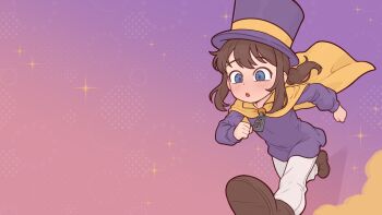 1girl a_hat_in_time blue_eyes brown_hair brown_shoes cape casytay commentary english_commentary flat_chest hat hat_kid highres long_sleeves open_mouth pants ponytail purple_hat purple_shirt running shirt shoes solo top_hat variant_set white_pants yellow_cape