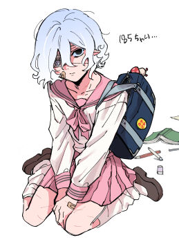 Rule 34 | 1boy, bag, bandage on face, bandaged hand, bandages, black eyes, blue bag, bob cut, book, brown shoes, character age, check commentary, check translation, commentary request, crossdressing, crossdressing (mtf), dungeon meshi, elf, eraser, eyepatch, grey hair, highres, loose socks, male focus, messy hair, miniskirt, mithrun, multiple scars, no pupils, pencil, pink ribbon, pink serafuku, pink skirt, pleated skirt, pointy ears, ribbon, scar, scars all over, school bag, school uniform, serafuku, shoes, short hair, simple background, sitting, skirt, socks, solo, too many, translation request, trap, unzipped bag, wariza, white background, white socks, zo na