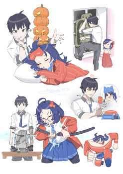 1boy 5girls ? absurdres ahoge amputee animal_ear_headwear animal_ears blue_choker blue_hair blue_necktie blue_skirt bow check_copyright child choker claw_hair_clip closed_eyes collared_shirt commentary_request cool_mita_(miside) copyright_name copyright_request crazy_mita_(miside) dress fake_animal_ears glasses hair_ornament hairband hairclip hammer hat highres holding holding_hammer horns katana kiseijuu long_hair long_sleeves low_twintails medium_hair meme mila_(miside) miniskirt miside mita_(miside) multiple_girls multiple_views necktie nemo_(leafnight) no_gloves one_eye_closed open_mouth pajamas pants pillow player_character_(miside) pleated_skirt pumpkin rainbow_six_siege red_choker red_dress red_pajamas red_thighhighs scar scar_across_eye scar_on_face sheath shirt short_hair skirt sleeping sleepy_mita_(miside) smile smug sparkle stacking sword table thighhighs tiny_mita_(miside) twintails unsheathing uragami_locks_in_(meme) weapon white_shirt