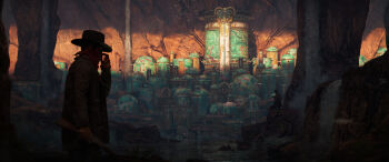 2boys absurdres bandana brown_jacket building cave_interior commentary cowboy cowboy_hat dock english_commentary fantasy felixriano from_side hat highres jacket lake light_rays multiple_boys original people rock scenery tower town water waterfall western