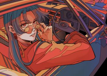 Rule 34 | 1girl, car, driving, earrings, eliangrboda, fashion, jacket, jewelry, long hair, looking at viewer, looking over eyewear, motor vehicle, nail polish, necklace, original, piercing, sepia, shirt, stud earrings, sunglasses, tinted eyewear, upper body, vehicle request