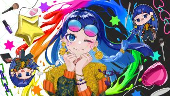 1girl absurdres arms_up balloon blue_hair bracelet braid chibi commission compact_(cosmetics) cosmetics earrings facepaint fork heart_balloon highres jewelry long_hair long_sleeves makeup_brush nail_polish_bottle necklace one_eye_closed original paint plate ring sample_watermark spoon star_balloon sunglasses upper_body watermark zingukami
