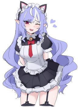 Rule 34 | 1girl, alternate costume, animal ear hairband, animal ears, apron, arms behind back, badge, bell, black dress, black garter straps, black hairband, black thighhighs, blush, bow, bowtie, button badge, cat ears, cat ornament, collar, commentary, cowboy shot, dress, drill hair, ear blush, edmonmondo, english commentary, enmaided, fake animal ears, frilled collar, frilled dress, frills, garter straps, hairband, heart, highres, light blush, long hair, maid, maid apron, maid headdress, mole, mole under eye, multicolored hair, neck bell, necktie, nervous smile, one eye closed, open mouth, pointy ears, puffy short sleeves, puffy sleeves, purple hair, raised inner eyebrows, red bow, red bowtie, red eyes, red necktie, short sleeves, simple background, smile, solo, streaked hair, thighhighs, twin drills, very long hair, vivian banshee, white apron, white background, white collar, white hair, zenless zone zero