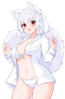 1girl :3 animal_ear_fluff animal_ears arms_up bikini blush breasts cleavage collarbone commentary_request cowboy_shot crossed_bangs fang hair_intakes inubashiri_momiji large_breasts long_sleeves looking_at_viewer midriff navel open_mouth red_eyes rururiaru shirt short_hair simple_background smile solo swimsuit tail touhou unbuttoned unbuttoned_shirt white_background white_bikini white_hair white_shirt wolf_ears wolf_girl wolf_tail