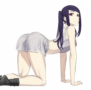 1girl all_fours alternate_costume arm_support asakiri_koko black_socks commentary_request crop_top from_side frown grey_shorts highres jill_stingray long_hair looking_at_viewer loose_socks midriff purple_hair red_eyes short_shorts shorts sidelocks simple_background socks solo swept_bangs turning_head twintails va-11_hall-a white_background