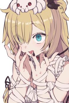 Rule 34 | akai haato, aqua eyes, bandages, blonde hair, breasts, cleavage, cleavage cutout, clothing cutout, commentary request, dress, eternaltanbo, goth fashion, hair ornament, hair ribbon, highres, hololive, looking up, open mouth, ribbon, short side ponytail, virtual youtuber, white dress