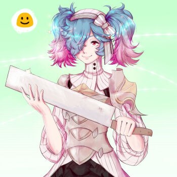 1girl blue_hair closed_mouth emoji fire_emblem fire_emblem_fates gradient_hair hair_over_one_eye highres lithety looking_at_viewer multicolored_hair nintendo peri_(fire_emblem) pink_hair red_eyes smile solo twintails two-tone_hair