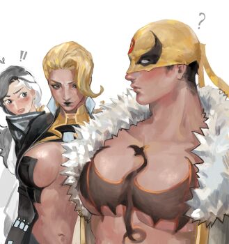 1boy 2girls black_lips blonde_hair blue_eyes blush breasts diamond_earrings earrings emma_frost emma_frost_(x-revolution) girl_staring_at_guy&#039;s_chest_(meme) heterochromia highres iron_fist_(marvel) jacket jewelry large_breasts luna_snow marvel marvel_rivals mask medium_hair meme multicolored_hair multiple_girls navel official_alternate_costume pearlyx_z simple_background split-color_hair stomach superhero_costume two-tone_hair x-men yellow_mask