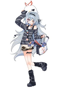 Rule 34 | 1girl, absurdres, alternate costume, arm up, bag, belt, black bow, black choker, black leg warmers, black ribbon, black shoes, bow, braid, character doll, choker, commentary, doll, fu hua, full body, hair between eyes, hair bow, hair ribbon, hairband, hashtag-only commentary, herrscher of sentience, highres, holding, holding bag, honkai (series), honkai impact 3rd, jingwei (bird), leg warmers, long hair, long sleeves, looking at viewer, multicolored hair, one eye closed, pic p p, red eyes, ribbon, shirt, shoes, simple background, sleeves past wrists, solo, standing, standing on one leg, streaked hair, striped clothes, striped shirt, stuffed toy, thigh belt, thigh strap, tongue, tongue out, two-tone hair, very long hair, white background, white hair, white hairband