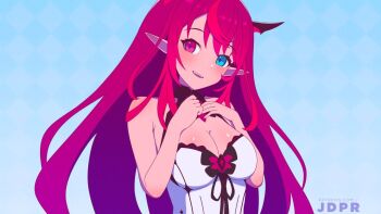 1girl bare_shoulders blue_background blue_eyes breasts cleavage commentary dress english_commentary heterochromia hololive irys_(hololive) jdpr large_breasts multicolored_hair pointy_ears purple_eyes purple_hair red_hair solo streaked_hair two-tone_hair upper_body virtual_youtuber white_dress