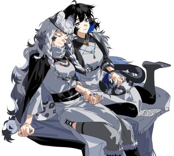 Rule 34 | 2girls, ahoge, animal ear fluff, animal ears, arknights, bead necklace, beads, black boots, black cape, black hair, black pantyhose, blue eyes, blue hair, blue nails, boots, bright pupils, cape, closed eyes, colored inner hair, colored tips, commentary, dress, feet out of frame, fur boots, grey hair, grey thighhighs, head chain, head on another's shoulder, highres, holding hands, jewelry, kjera (arknights), long hair, long sleeves, molu stranger, multicolored hair, multiple girls, nail polish, necklace, pantyhose, pramanix (arknights), sitting, smile, snow leopard ears, snow leopard girl, snow leopard tail, symbol-only commentary, tail, thighhighs, very long hair, wariza, white dress, white pupils, yuri