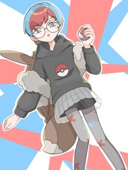 Rule 34 | 1girl, :o, blue hair, brown bag, character backpack, commentary request, dot nose, dutch angle, eevee backpack, eyelashes, glasses, grey eyes, grey hoodie, grey pantyhose, grey shorts, highres, holding, holding poke ball, hood, hood down, hoodie, long sleeves, multicolored hair, nintendo, open mouth, outline, pantyhose, penny (pokemon), poke ball, poke ball (basic), poke ball print, pokemon, pokemon sv, print pantyhose, red hair, round eyewear, see-through clothes, see-through skirt, short hair, shorts, shorts under skirt, skirt, solo, tironeko, two-tone hair, very short hair, white outline