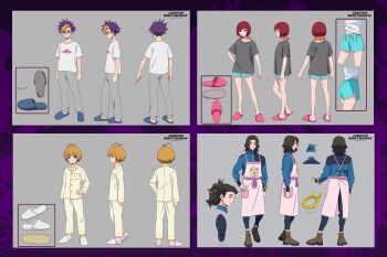 1girl 3boys apron black_hair black_shirt blonde_hair blue_hair blue_jacket blue_pants blue_shorts breasts collarbone copyright_name digimon digimon_beatbreak full_body glasses grey_background grey_pants jacket kuonji_makoto multicolored_hair multiple_boys multiple_views official_alternate_costume official_art pajamas pants pink_apron reference_sheet round_eyewear sakuya_reina sawashiro_kyo shirt shorts simple_background slippers tenma_tomoro two-tone_hair white_shirt yellow_pajamas
