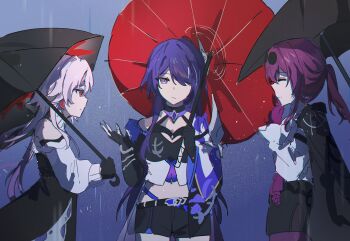3girls acheron_(honkai:_star_rail) black_dress black_gloves black_jacket breasts choker cleavage closed_eyes coat commentary dress earrings english_commentary evernight_(honkai:_star_rail) eyewear_on_head gloves hair_over_one_eye highres holding holding_umbrella honkai:_star_rail honkai_(series) jacket jewelry kafka_(honkai:_star_rail) long_hair long_sleeves march_7th_(honkai:_star_rail) midriff miya_(ikanyaide) multicolored_hair multiple_girls official_alternate_costume official_alternate_eye_color pink_hair purple_eyes purple_hair rain red_eyes round_eyewear shirt shorts streaked_hair sunglasses umbrella very_long_hair