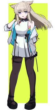 Rule 34 | 1girl, :d, arknights, arknights: endfield, bare shoulders, black gloves, black pantyhose, black sandals, blunt bangs, border, brown hair, collared dress, commentary, contrast collar, dress, full body, gloves, hand in own hair, highres, jacket, light blush, long hair, oekaki, off shoulder, open mouth, outside border, pantyhose, perlica (arknights), platform sandals, purple eyes, sandals, short dress, sidelocks, smile, solo, standing, thigh strap, white border, white dress, white jacket, yellow background, yellow gloves, yellow pupils, yuntaro (ramen star)