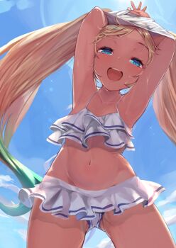 1girl aged_down armpits arms_up bikini bikini_skirt blonde_hair blue_eyes blush breasts cloud cloudy_sky cowboy_shot dark-skinned_female dark_skin day female_focus flower frilled_bikini frills from_below gluteal_fold gradient_hair granblue_fantasy groin hair_flower hair_ornament half-closed_eyes io_(granblue_fantasy) io_(summer)_(granblue_fantasy) layered_bikini light_particles loli long_hair looking_at_viewer multicolored_hair navel open_mouth outdoors p_answer rainbow_hair shirt skirt sky small_breasts solo standing stomach sunlight swimsuit thighs twintails undressing unworn_shirt white_shirt