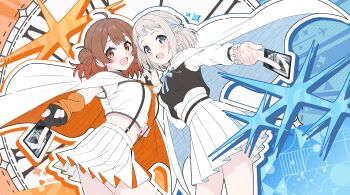 Rule 34 | 2girls, absurdres, ahoge, between fingers, blue eyes, blue ribbon, blush, braid, breasts, brown eyes, brown hair, cape, card, card between fingers, commentary request, fingerless gloves, from below, gakuen idolmaster, gloves, gradient hair, grey hair, hair bun, hair ribbon, half up braid, hanami ume, hibikikyouto, highres, holding, holding card, holding hands, idolmaster, katsuragi lilja, large breasts, looking at viewer, midriff, multicolored hair, multiple girls, navel, neck ribbon, necktie, open mouth, orange necktie, pleated skirt, ribbon, ribbon braid, short hair, skirt, smile, sparkle, weiss schwarz