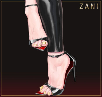 Rule 34 | 1girl, ankle strap, anklet, barefoot, black background, black footwear, black pants, border, close-up, colored shoe soles, feet, foot focus, gradient background, high heels, jewelry, liang mu, lower body, nail polish, out of frame, pants, red background, sandals, shiny clothes, shoes, single shoe, soles, solo, standing, stiletto heels, strappy heels, sweat, toe cleavage, toeless footwear, toenail polish, toenails, toes, yellow border, yellow nails