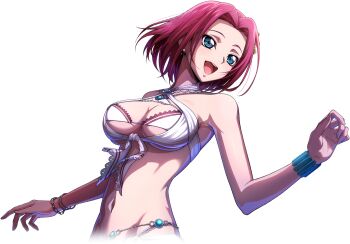 1girl bikini blue_eyes blush bracelet breasts cleavage code_geass code_geass:_lost_stories commentary_request earrings f4samurai frilled_bikini frills happy jewelry kouzuki_kallen large_breasts official_art open_mouth red_hair short_hair smile solo swimsuit teeth underboob white_bikini