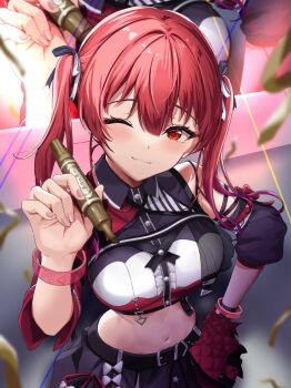 1girl bare_shoulders blush breasts commentary_request cowboy_shot harusame349 holding holding_pen hololive houshou_marine idol large_breasts long_hair navel one_eye_closed pen red_eyes red_hair smile solo stage twintails virtual_youtuber